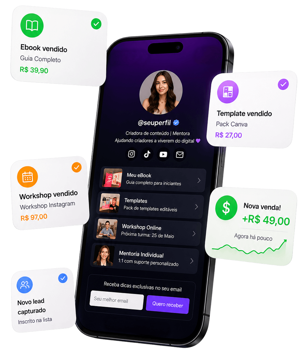 Mockup da Displaaay — phone com storefront e chips de vendas flutuantes